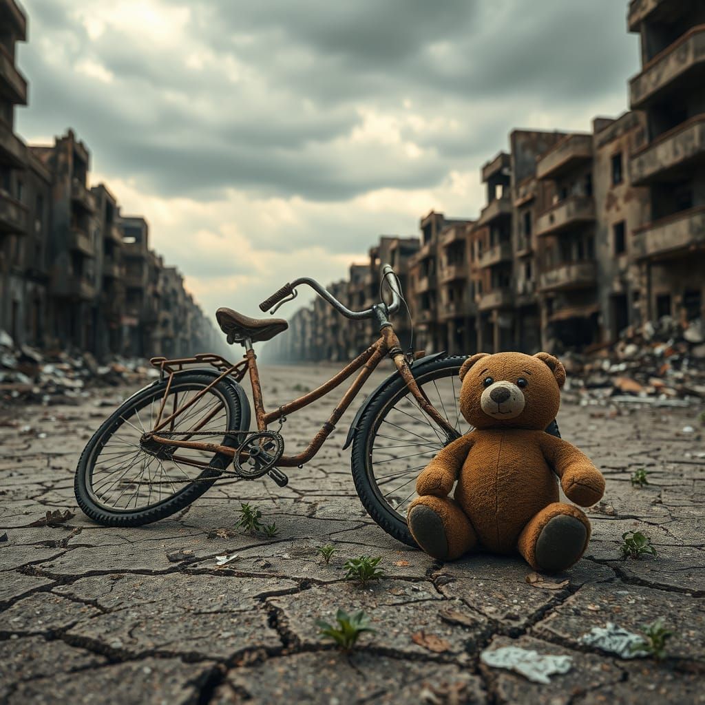 Rusting Bicycle Lies Beside Tattered Teddy Bear in Desolate ...