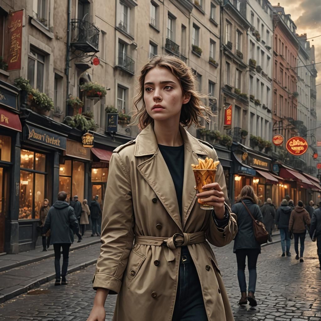 Woman Walking with Fries and Beer: Digital Painting