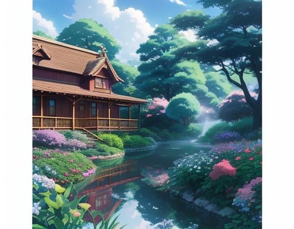 Cottage Garden in Teak Heart Frame, Anime Style