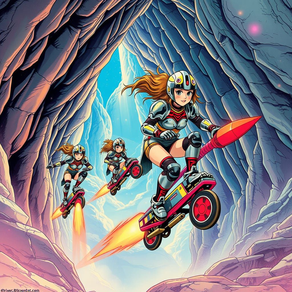 Roller Derby Girls in Crystal Cave, Comic Art Style