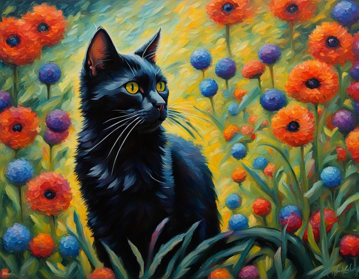 Hyperrealistic Black Cat in Impasto Oil Painting