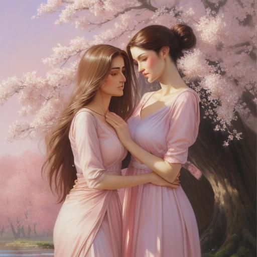 Figures Sharing Secrets Under Blossoming Tree, Oil Painting