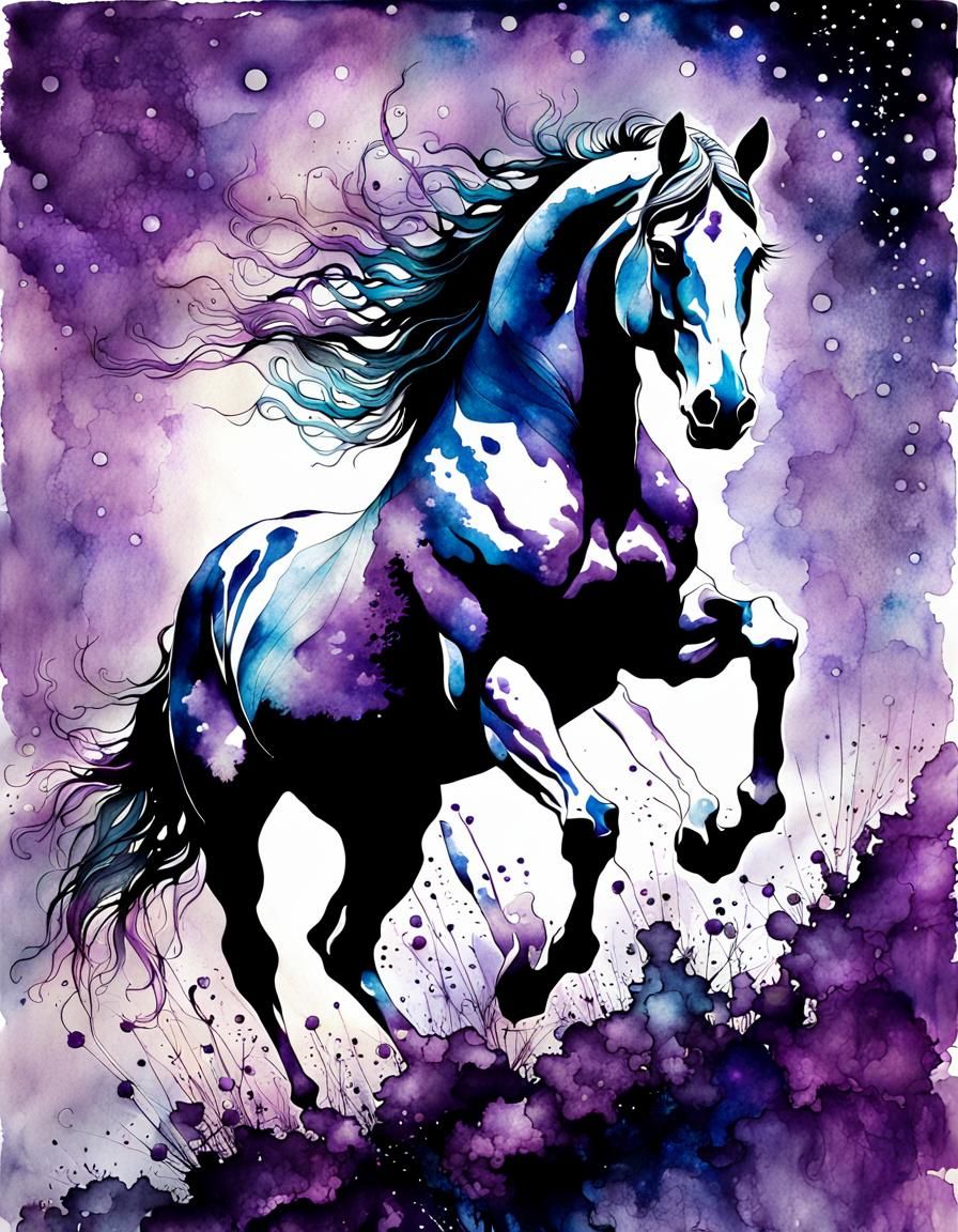 Ethereal Horse Under Lilac Eclipse in Silk Painting