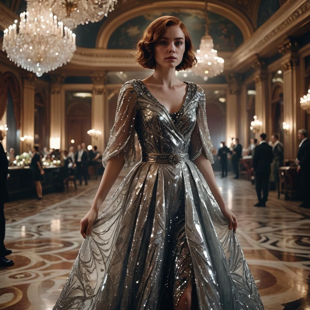 Woman in Luxurious Dress in Grand Ballroom