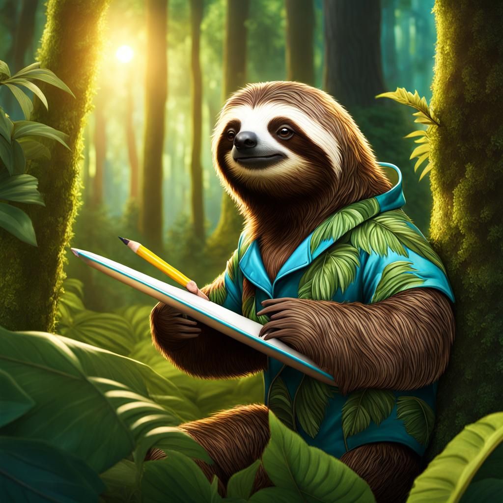 Sloth Painter in Forest with Sunshine