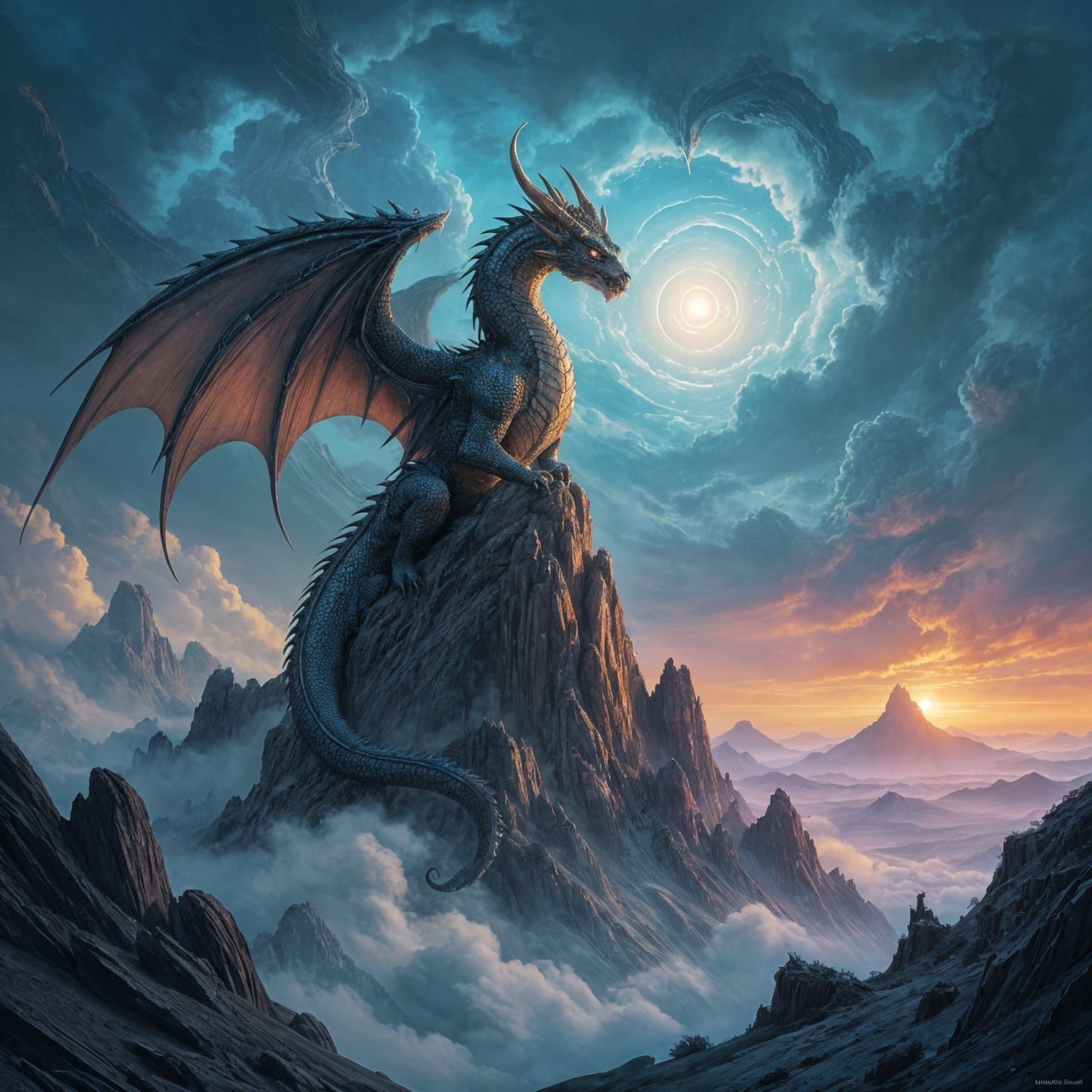 Ancient Obsidian Dragon on Misty Mountain Peak