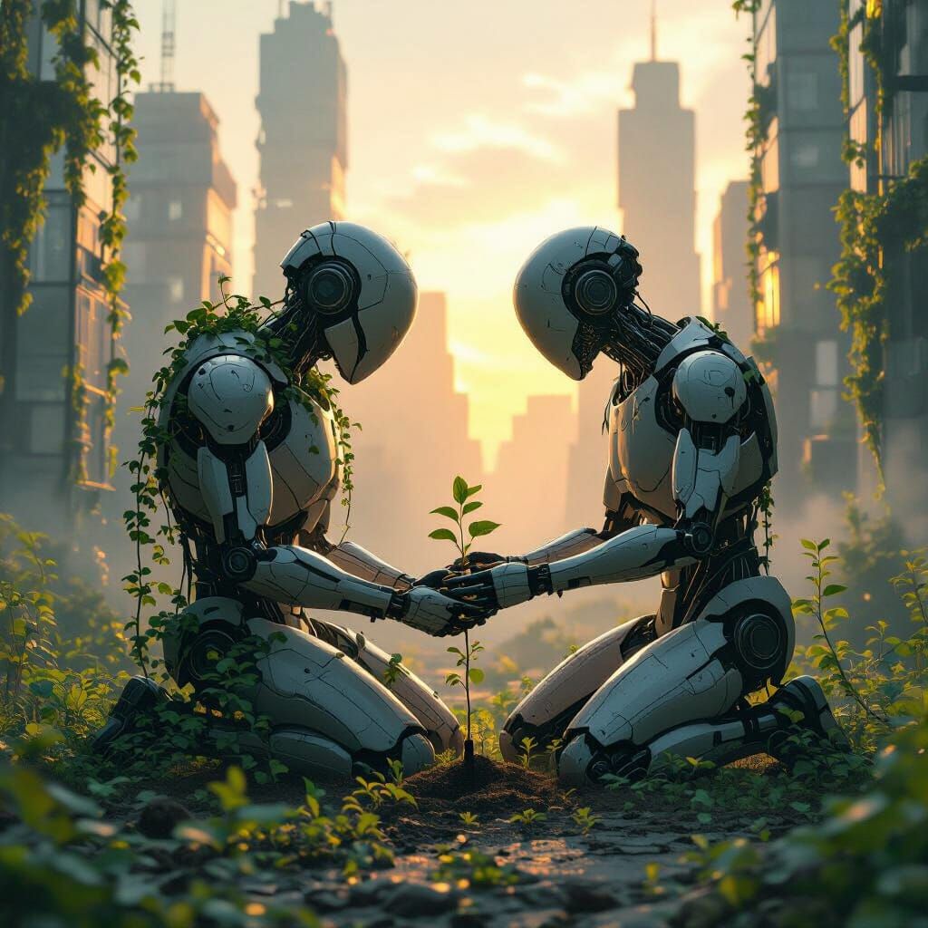 AI Plants Seed in Overgrown City, Solarpunk Art