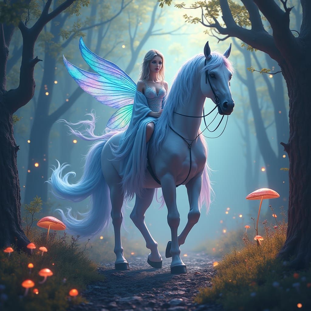 Fairy Horse Mage in Mystical Forest, Matte Painting