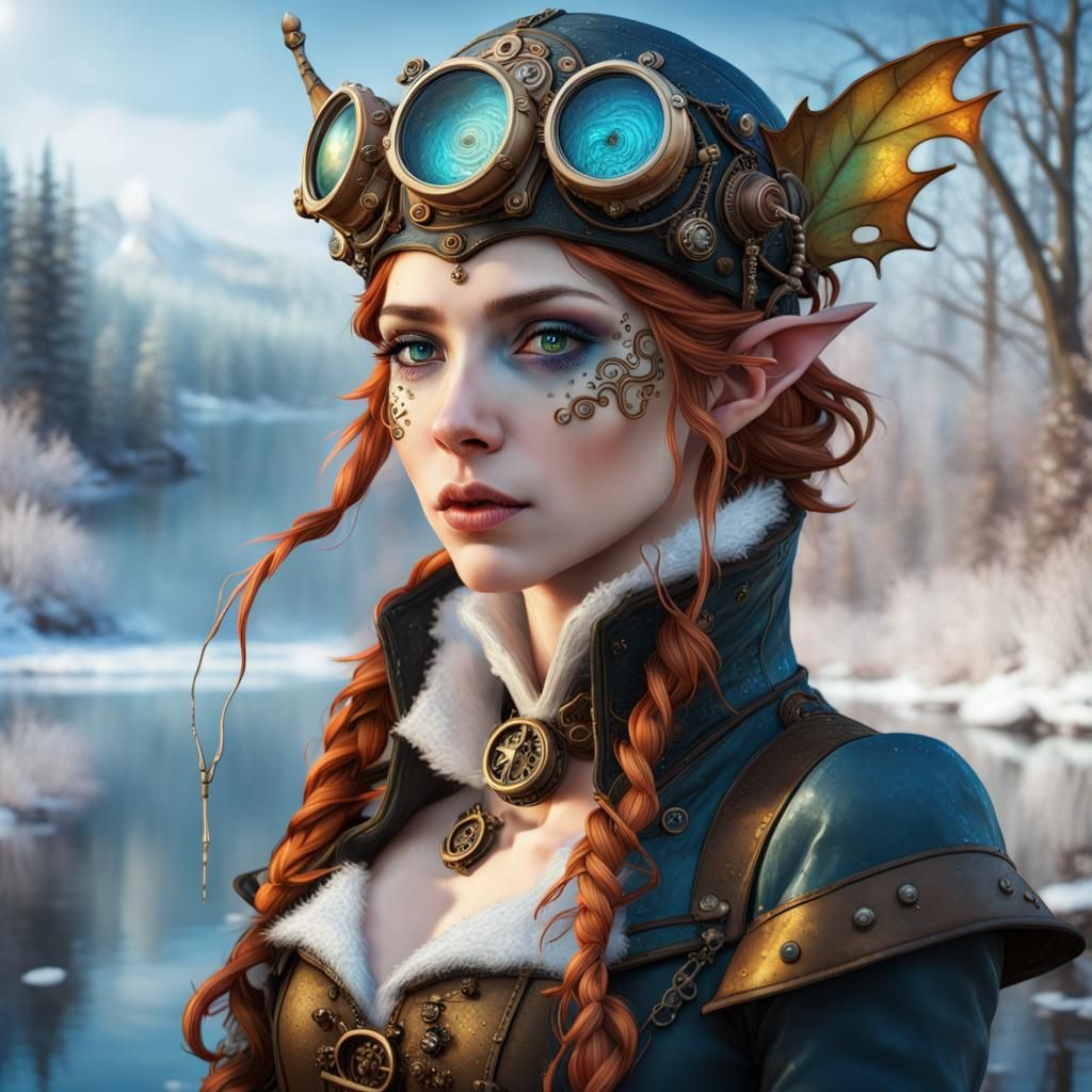 Steampunk Elf on Frozen Lake in Splash Art Style
