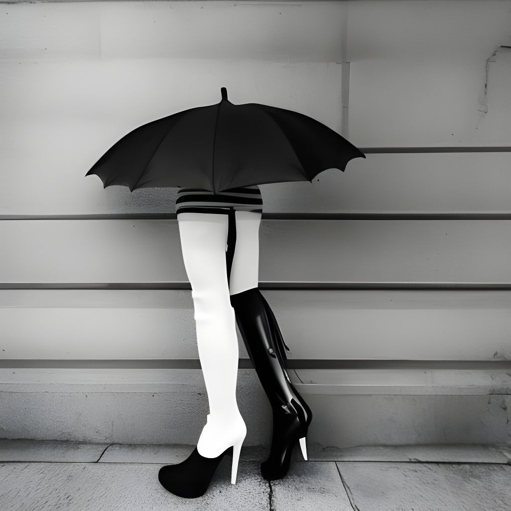 Elegant Woman in Rain with Striped Umbrella