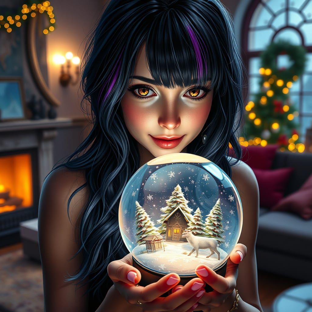 Woman Makes Wish Holding Magic Snow Globe in Alcohol Ink Sty...