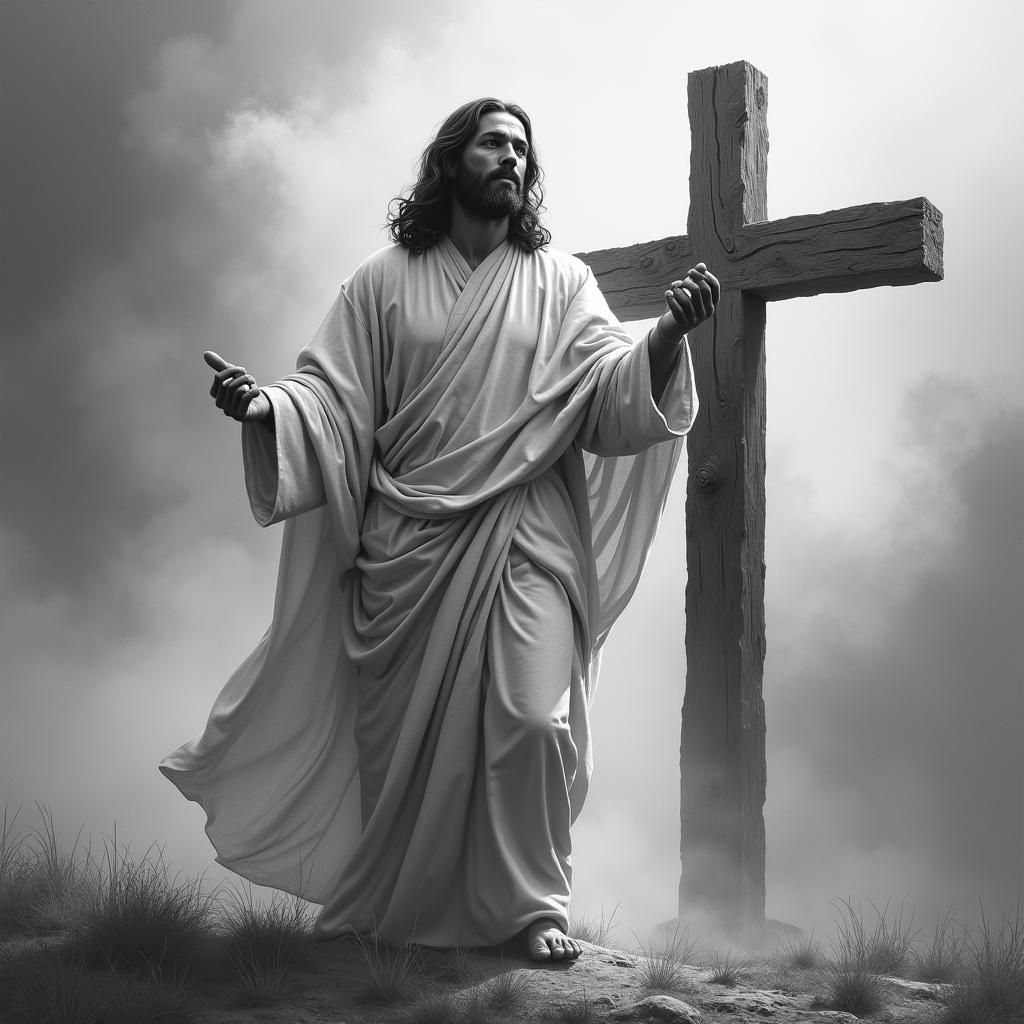 Majestic Jesus Points the Way in Charcoal Drawing