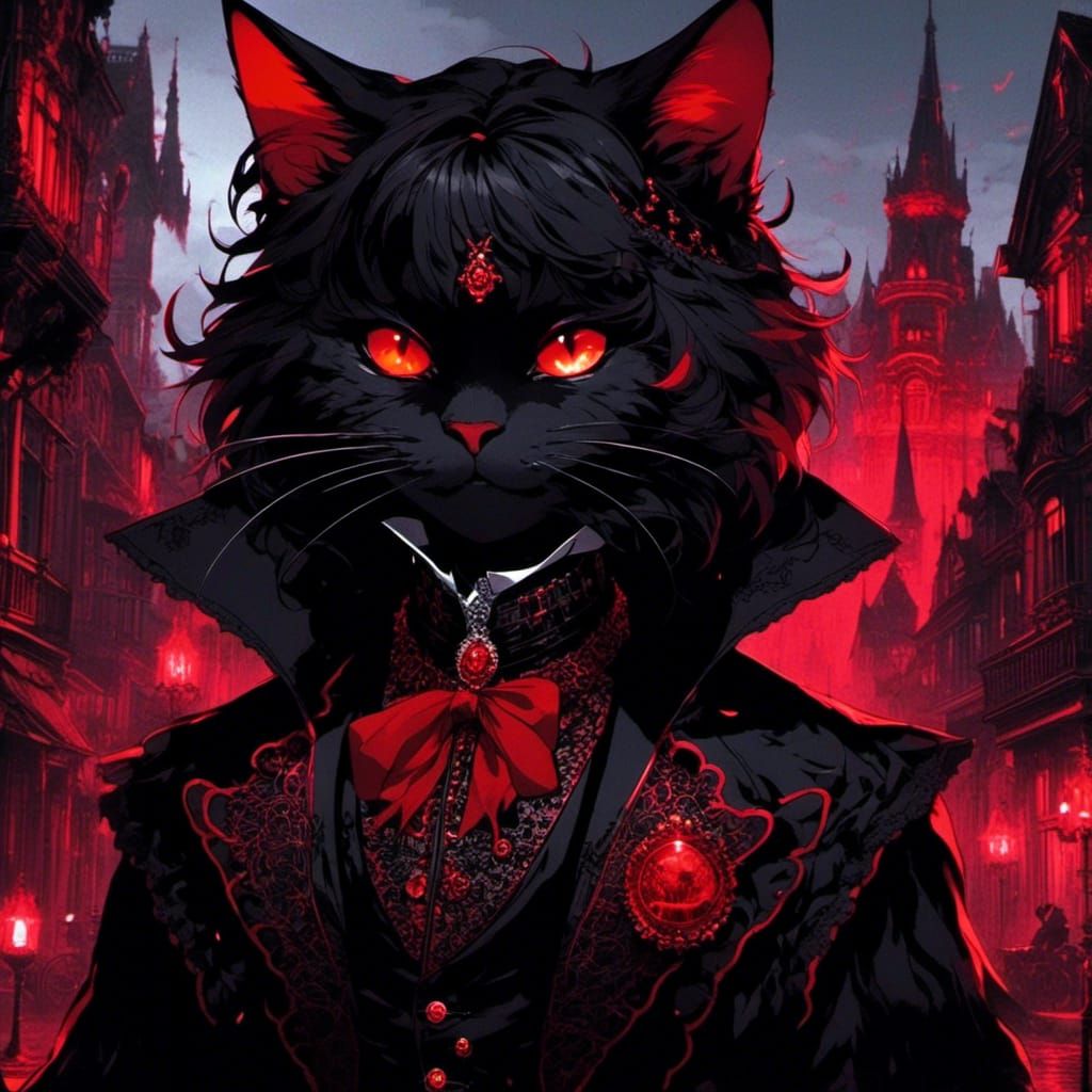 Sinister Black Cat with Red Eyes in Glitchcore City