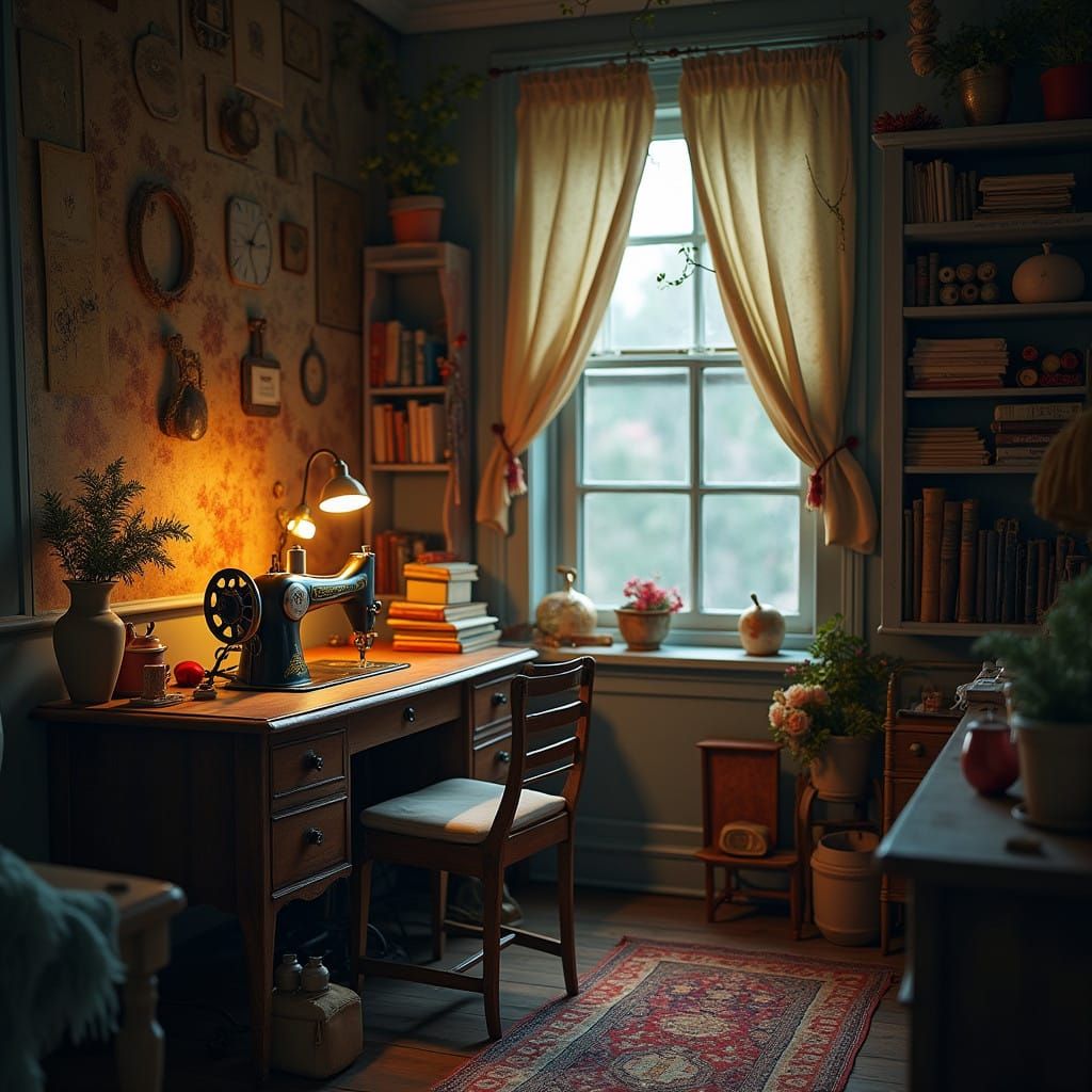 Vintage Treadle Machine in Whimsical Sewing Room