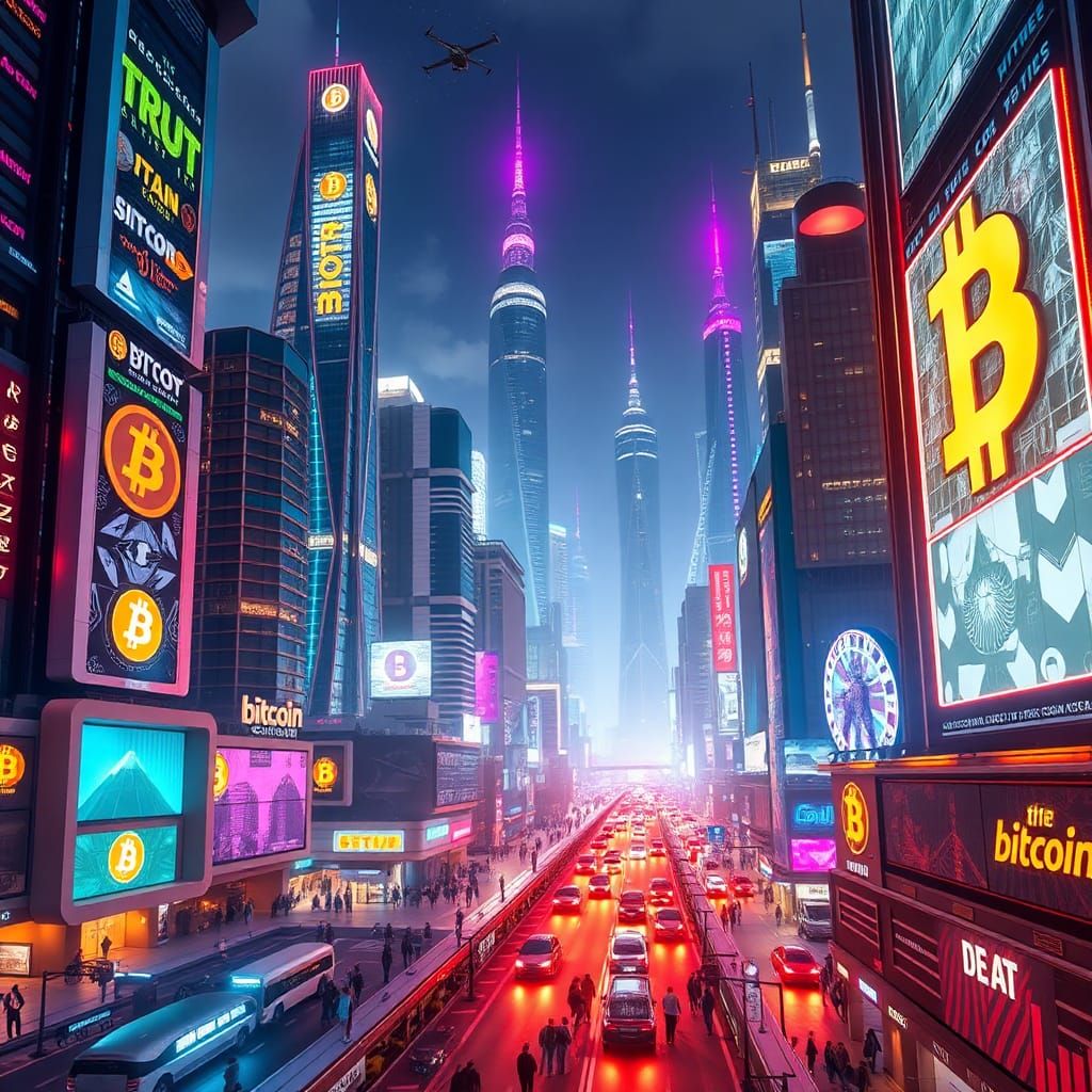 Futuristic Cityscape with Bitcoin Logos in Cyberpunk Style