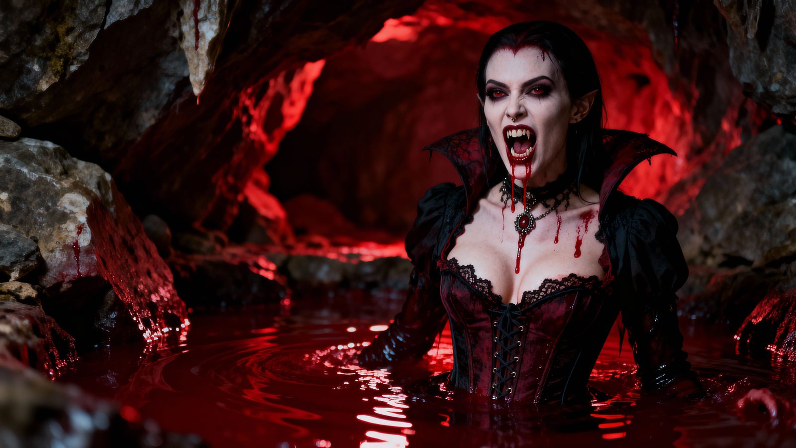 Vampire Emerges From Blood Pool in Rocky Cavern