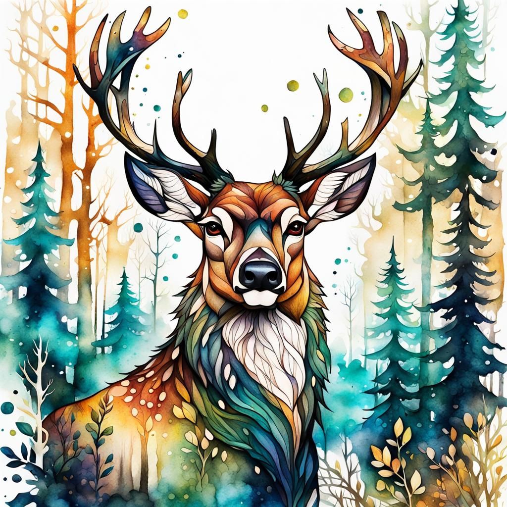 Whimsical Deer Illustration in Alcohol Ink Style
