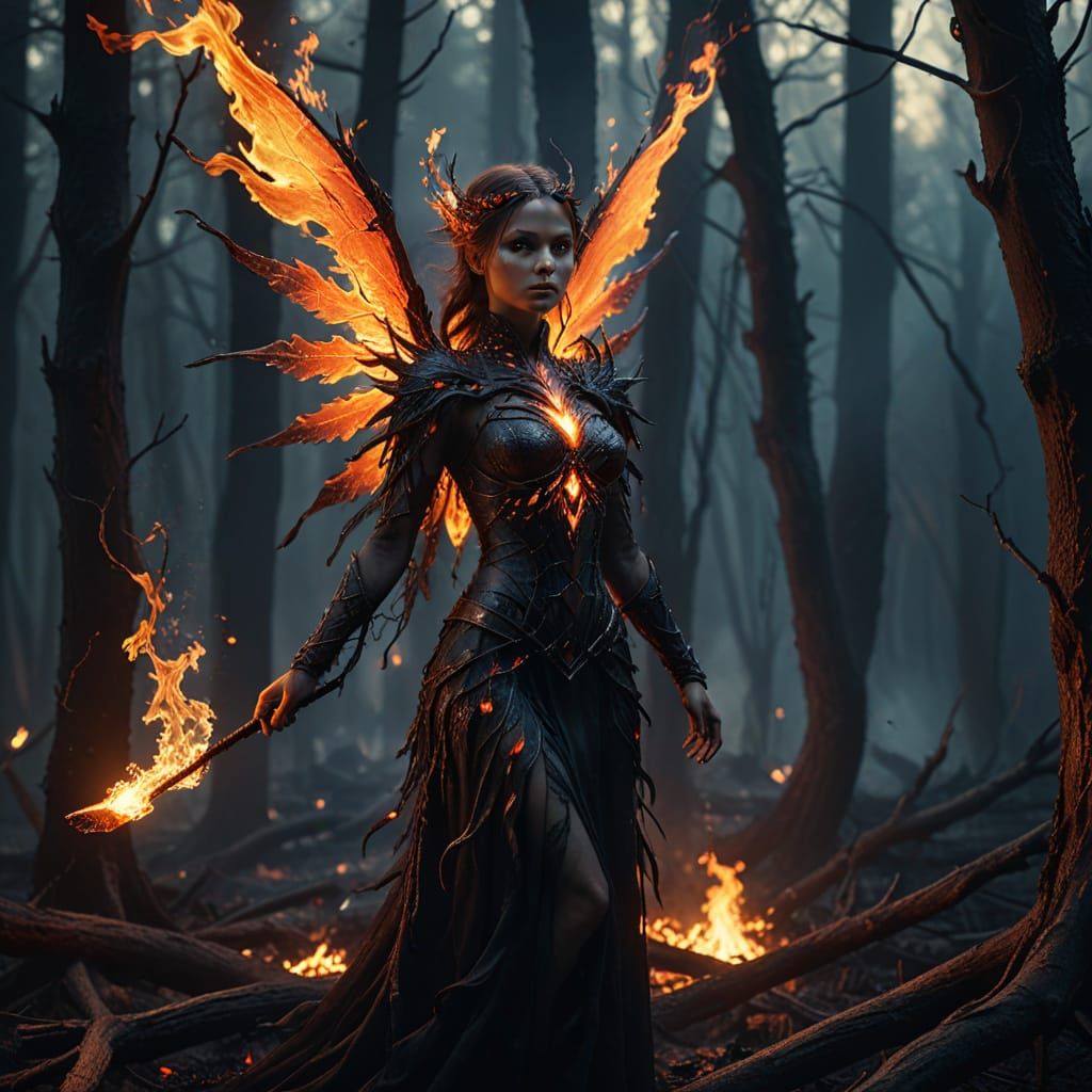 Fire Fairy in Burning Forest, Gothic Mysticism Art