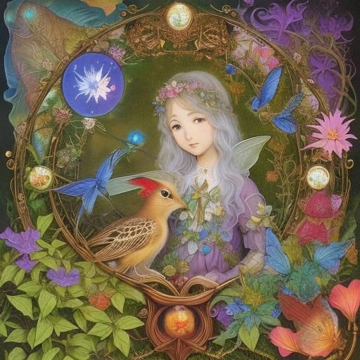 Fairies and Birds in a Detailed Coloring Book Illustration