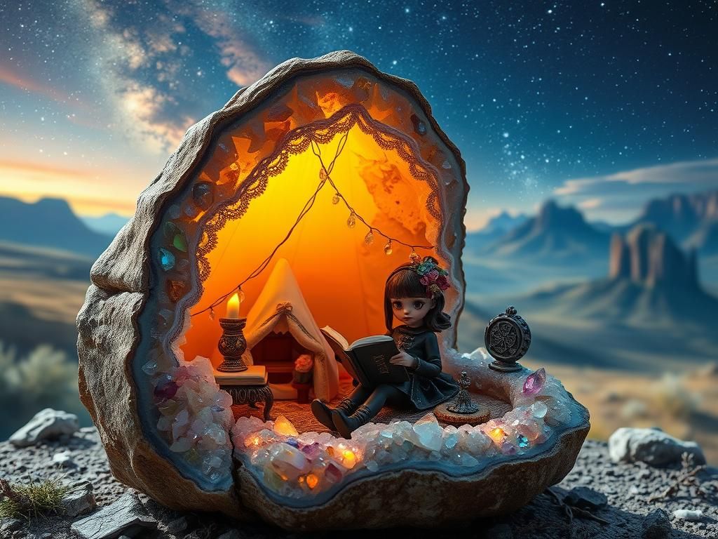Gothic Girl Camping in Crystalline Geode Landscape