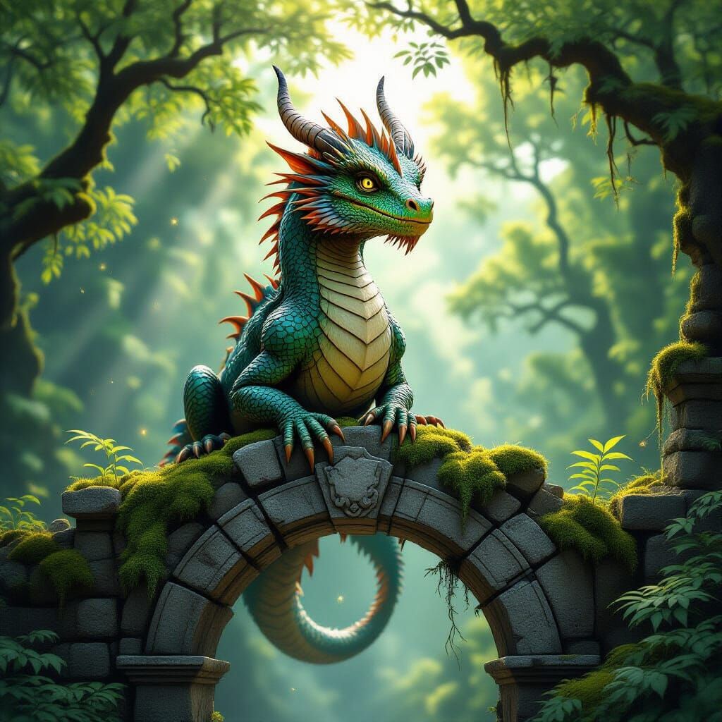 Wise Old Dragon on Stone Archway in Enchanted Forest