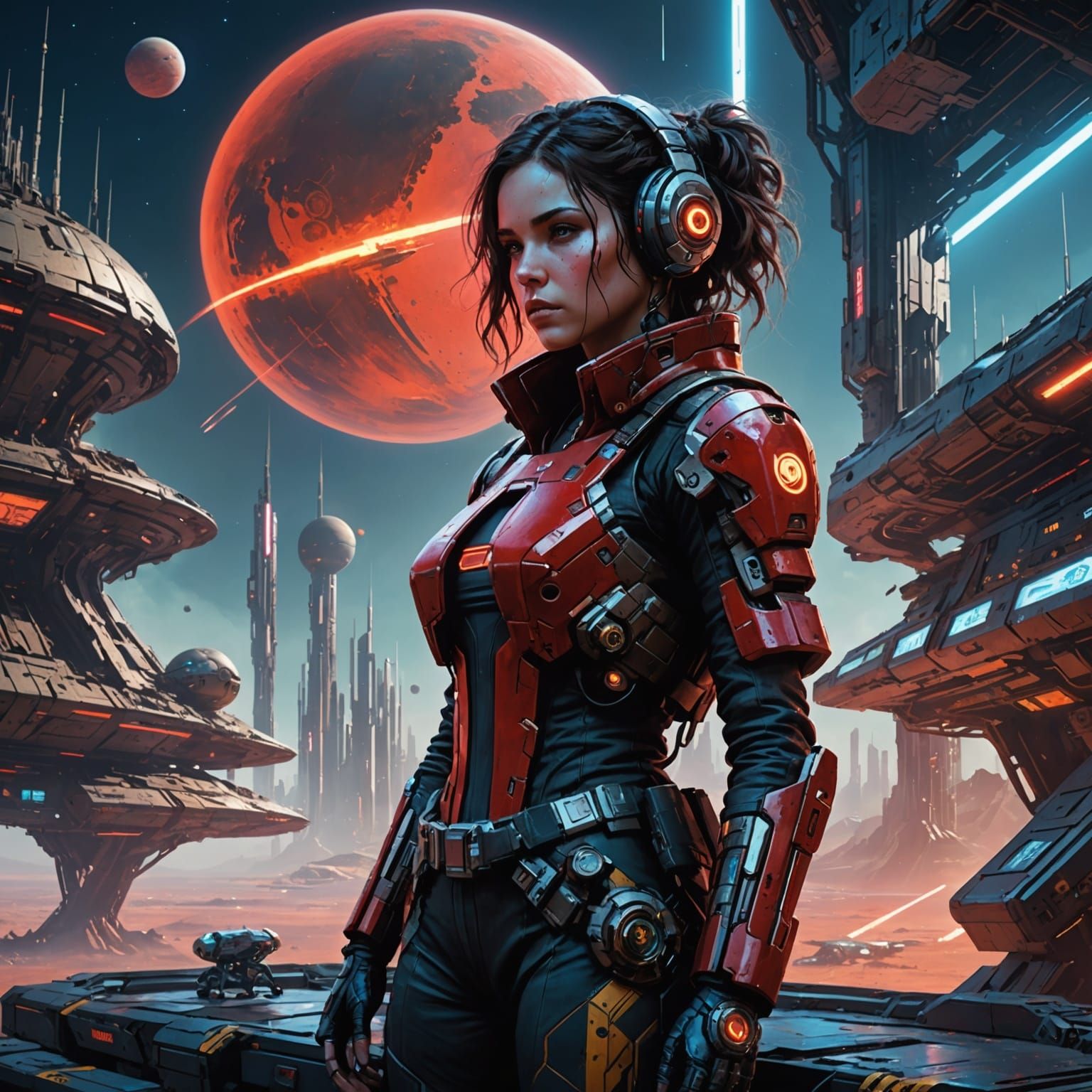 Cyborg Girl on Spaceport in Cyberpunk Style