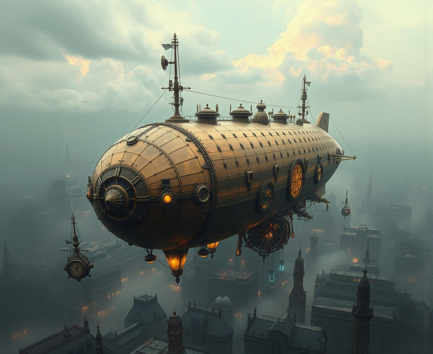 Colossal Airship Over Victorian City in Steampunk Style