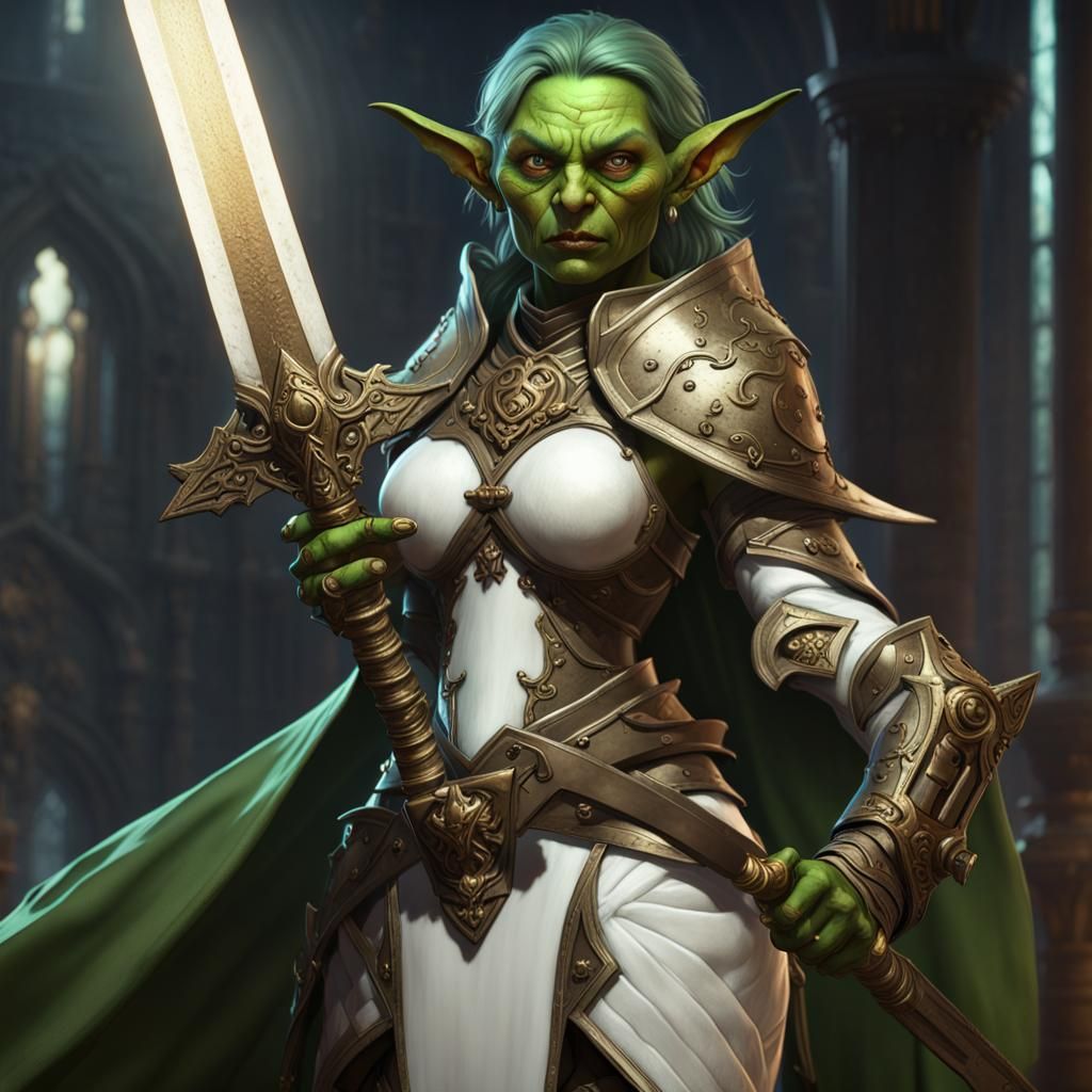 Female Goblin Paladin in Shining Armor