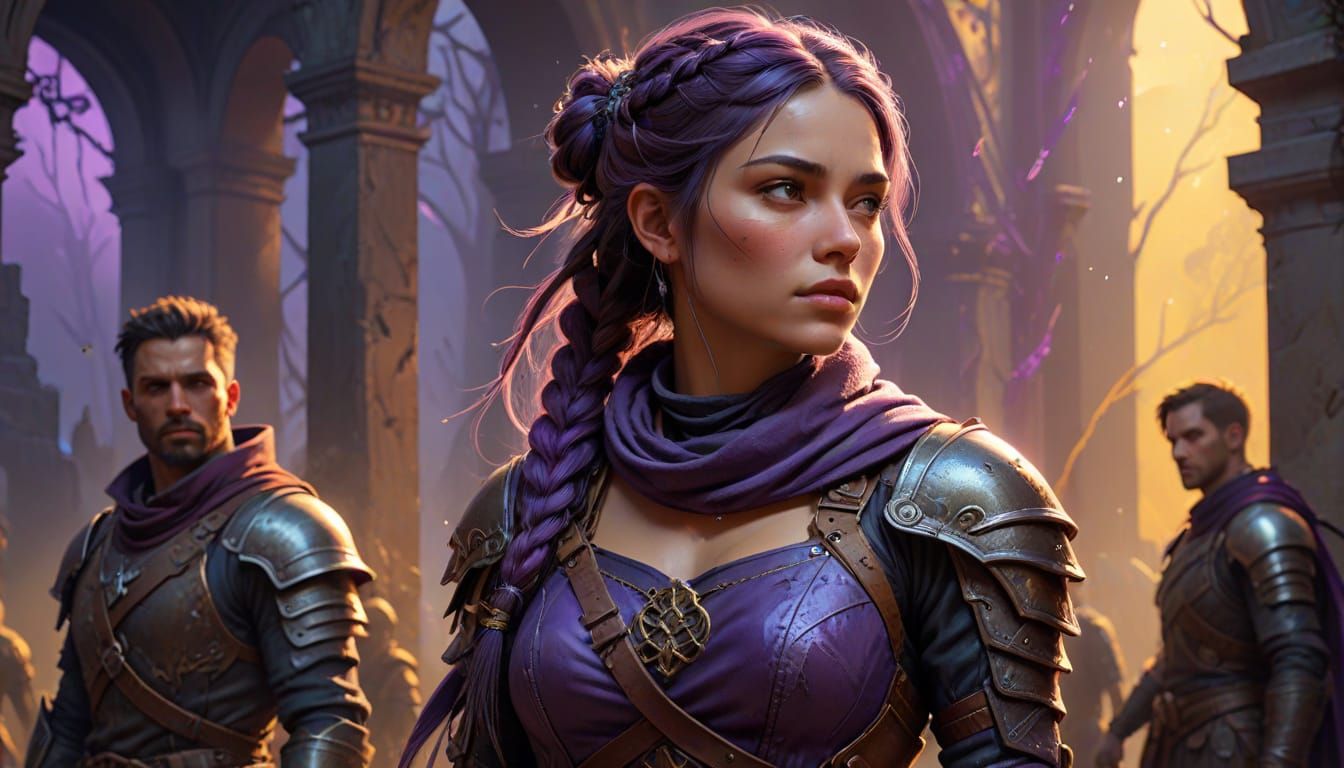 Determined Female Bandit Leader in Dark Fantasy Landscape