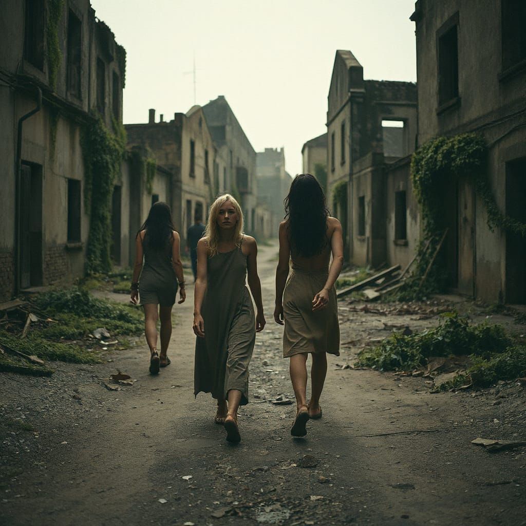 Desolate Figures in Abandoned Village: Depressive Photograph...