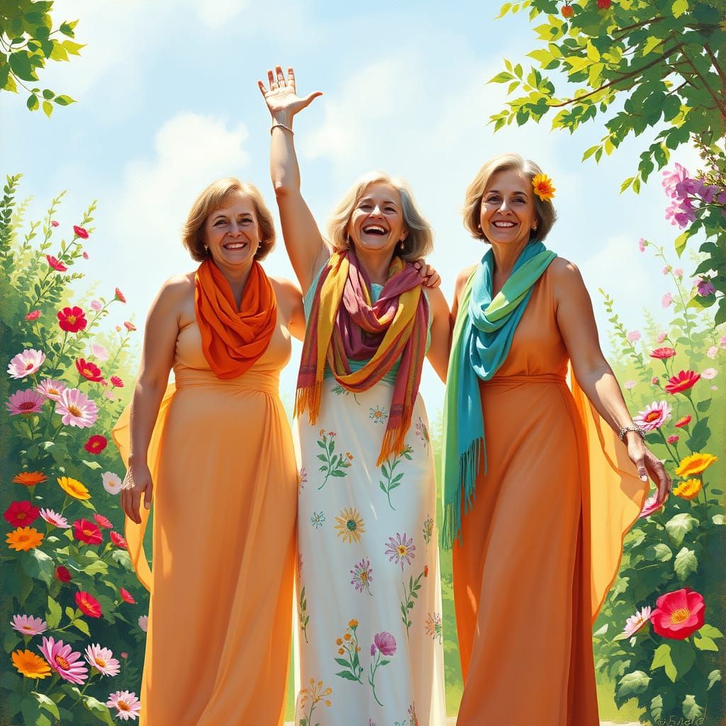 Women Embracing Freedom and Hope in Vibrant Garden Scene
