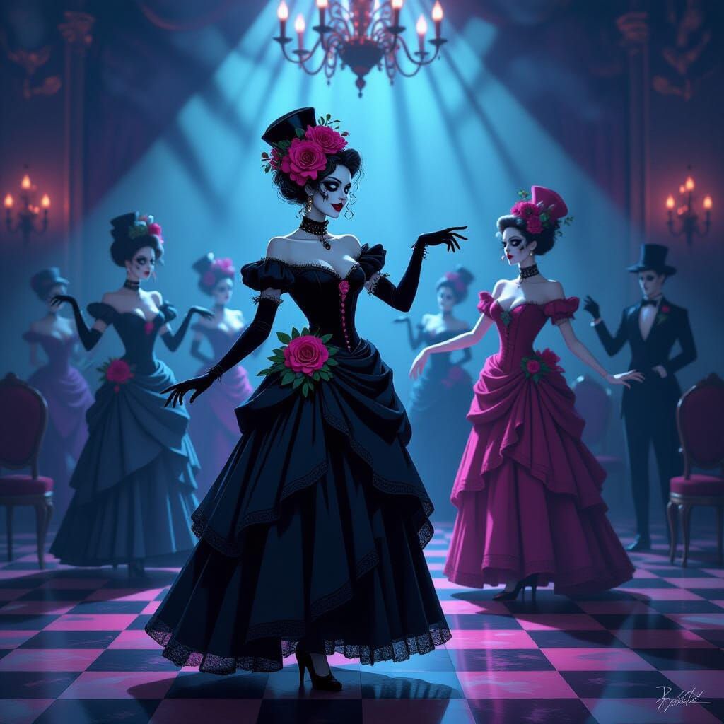 Gothic Dancers in Neon Ballroom