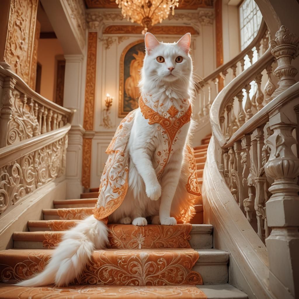 White Cat in Orange Gown on Majestic Staircase