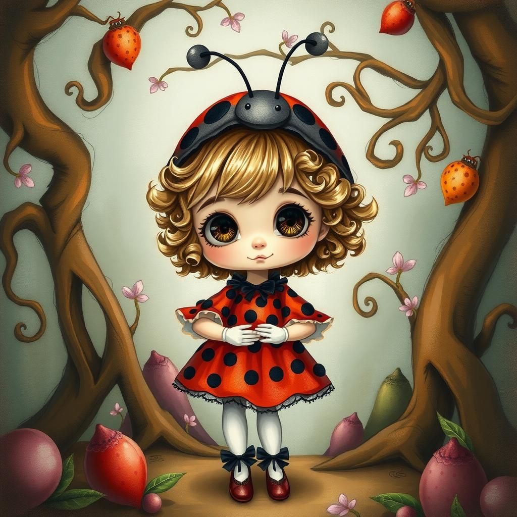 Ladybug Girl in Fantasy Setting, Dreamlike Illustration