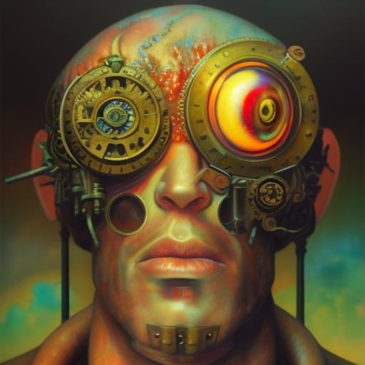 Hyperdetailed Steampunk Cyclops in Psychedelic Splash Paint