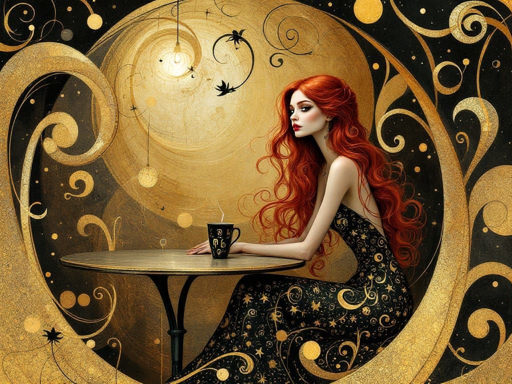 Ethereal Golden Goddess in Whimsical Gothic Dreamscape