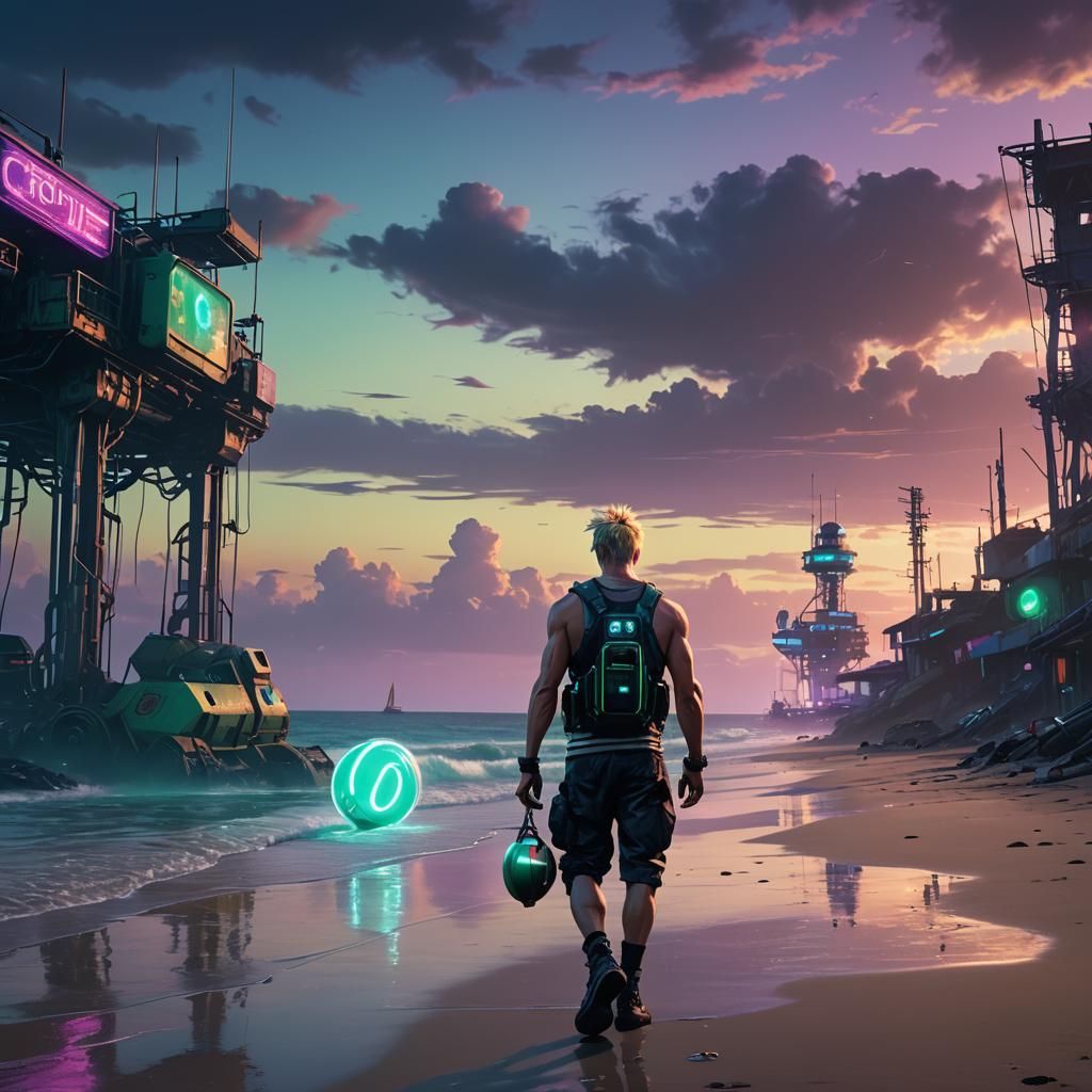 Cyberpunk Man Walks Toward Beach at Sunset