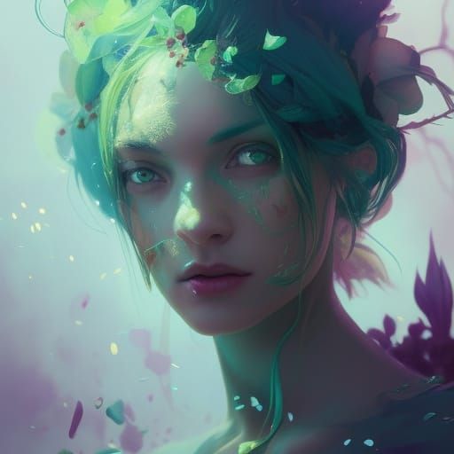 Detailed Flower Witch Portrait in Art Nouveau Style