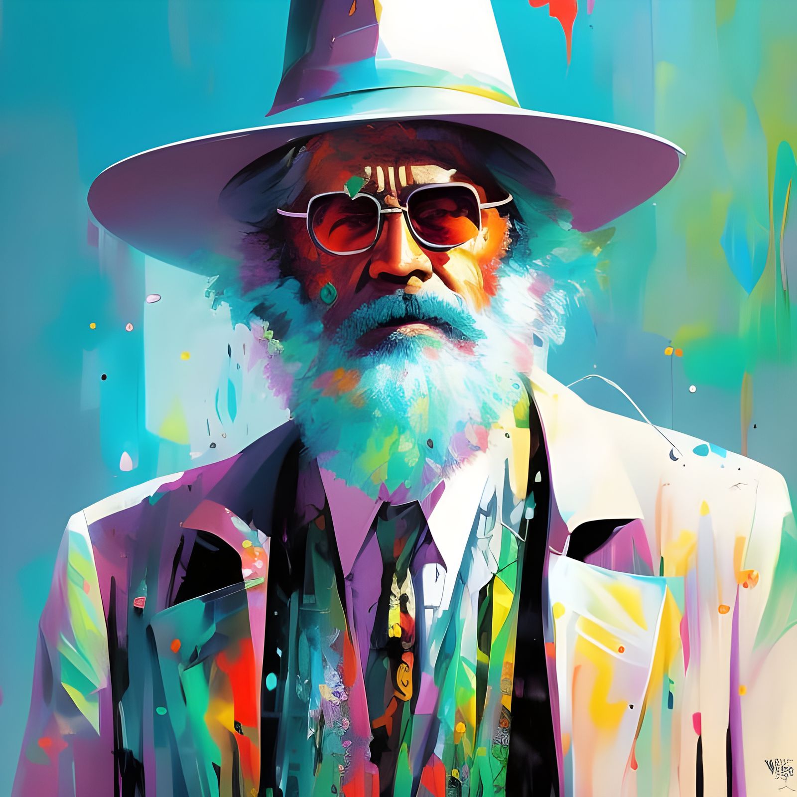 Psychedelic Wizard Portrait with Colorful Ink Splashes