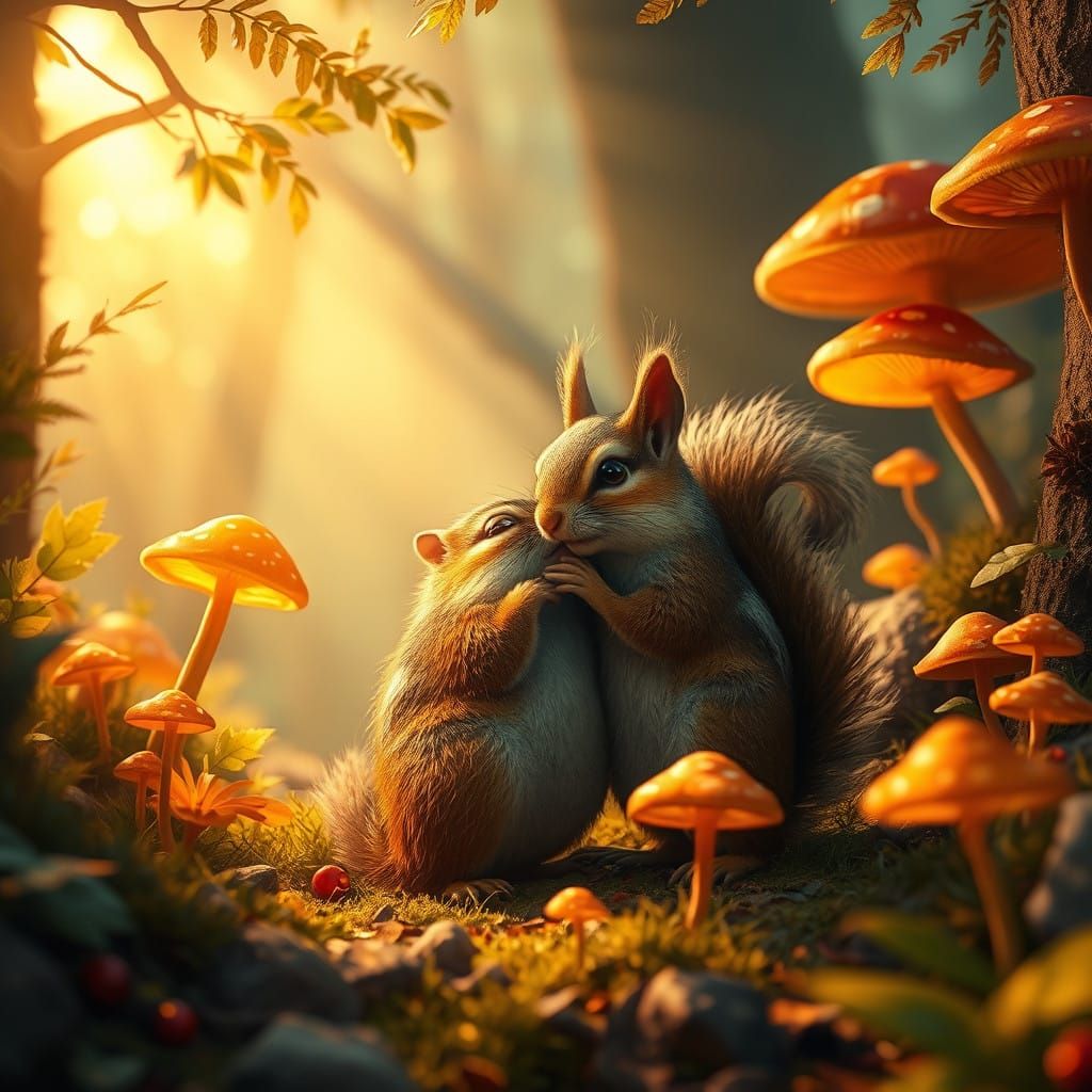 Whimsical Forest Glade with Chipmunk and Squirrel