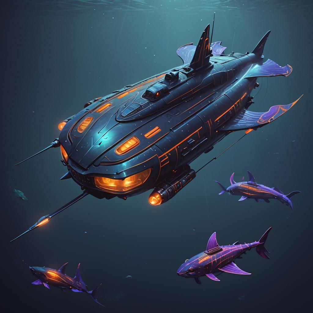 Stingray Submarine with Tiger Stripes in Dark Ocean