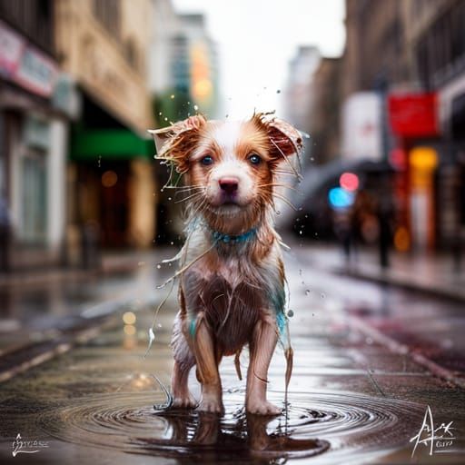 Hyperreal Puppy in Rainy City, Splash Art Style