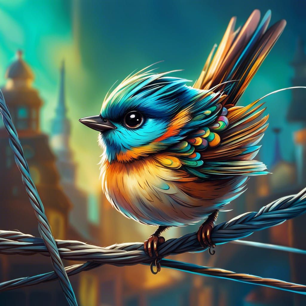 Cheerful Bird on Wire, Detailed Digital Art