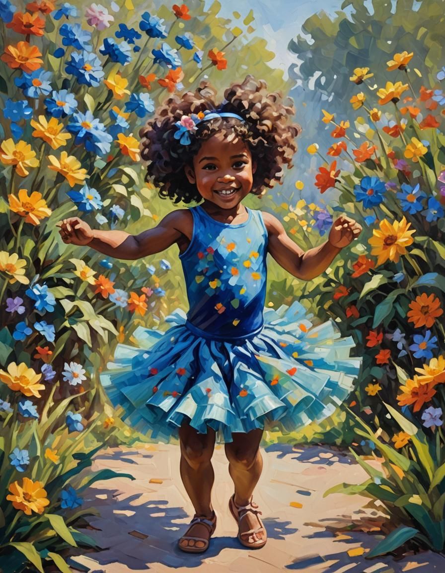 Joyful African Girl Dancing: Neo-Impressionist Oil Painting