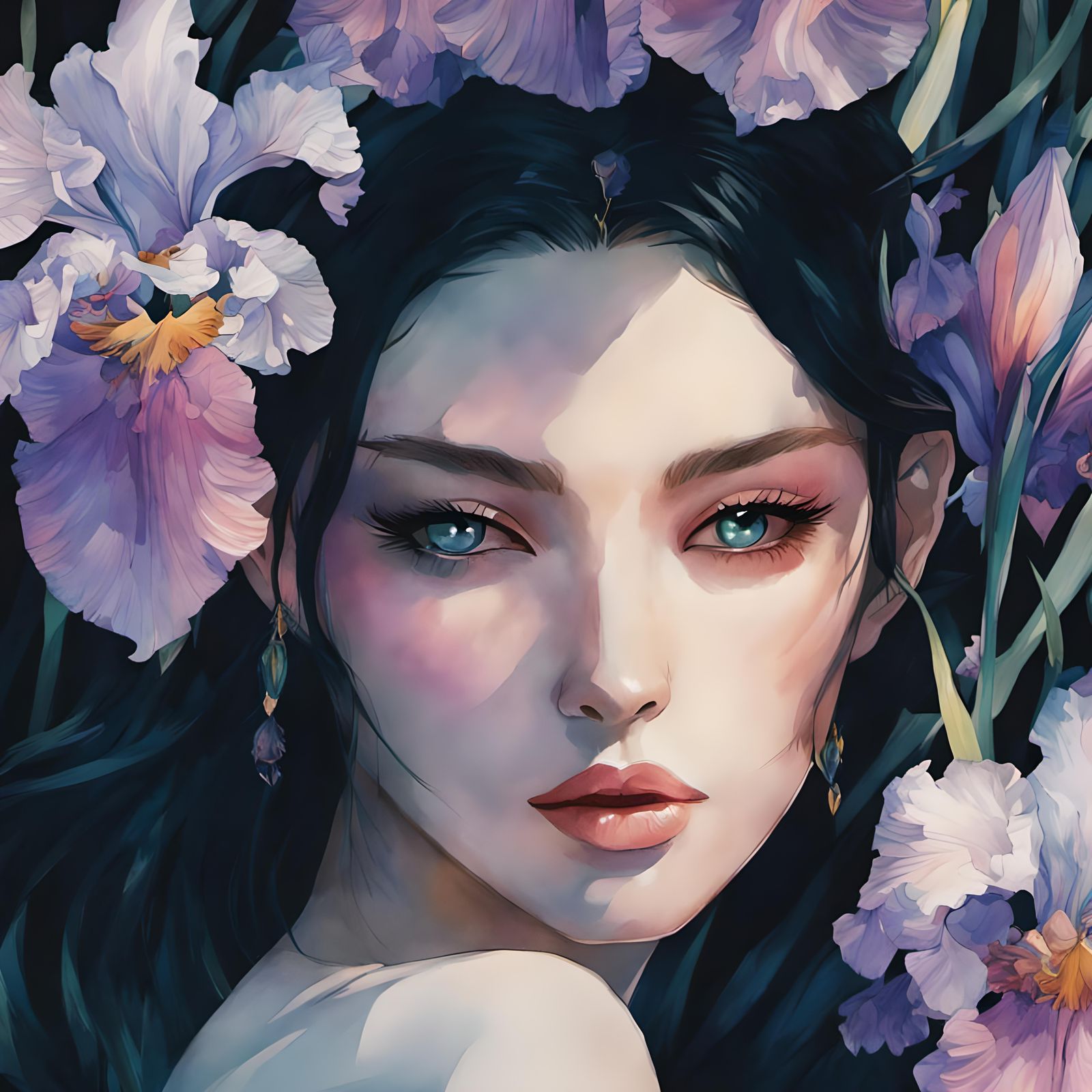 Dreamlike Watercolor Woman Surrounded by Irises