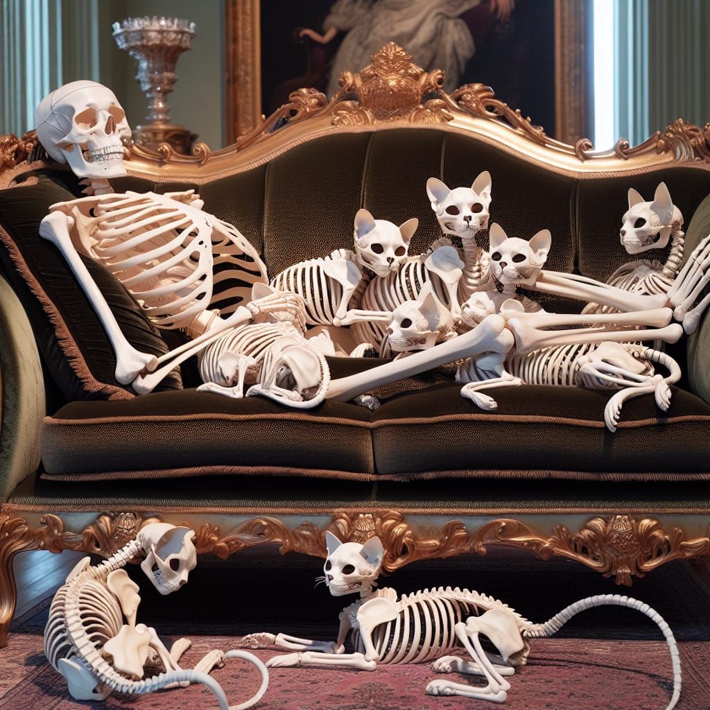 Skeletal Woman Surrounded by Feline Skeletons