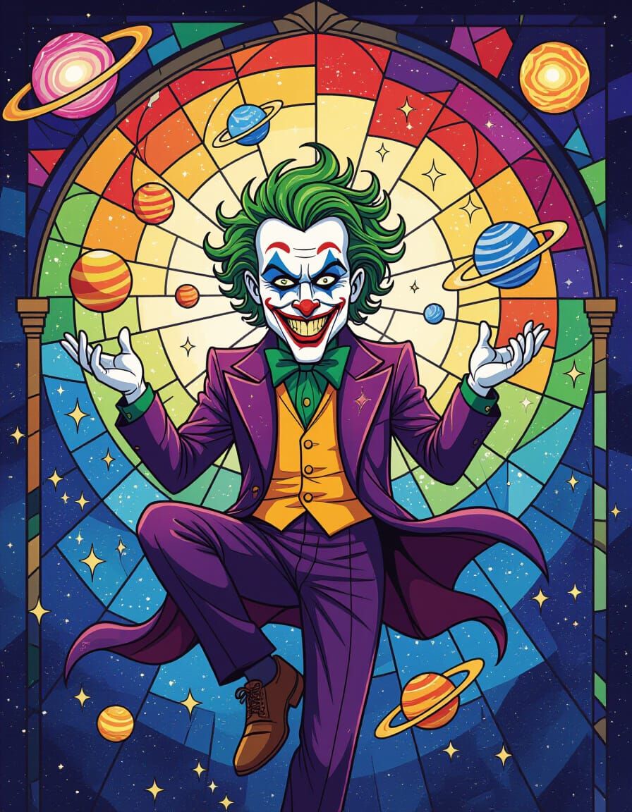 Cosmic Joker Juggling Planets in Stained Glass