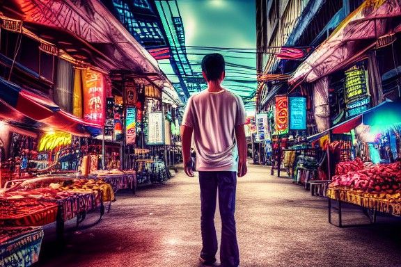 Cyberpunk Young Man at Street Market in 8K