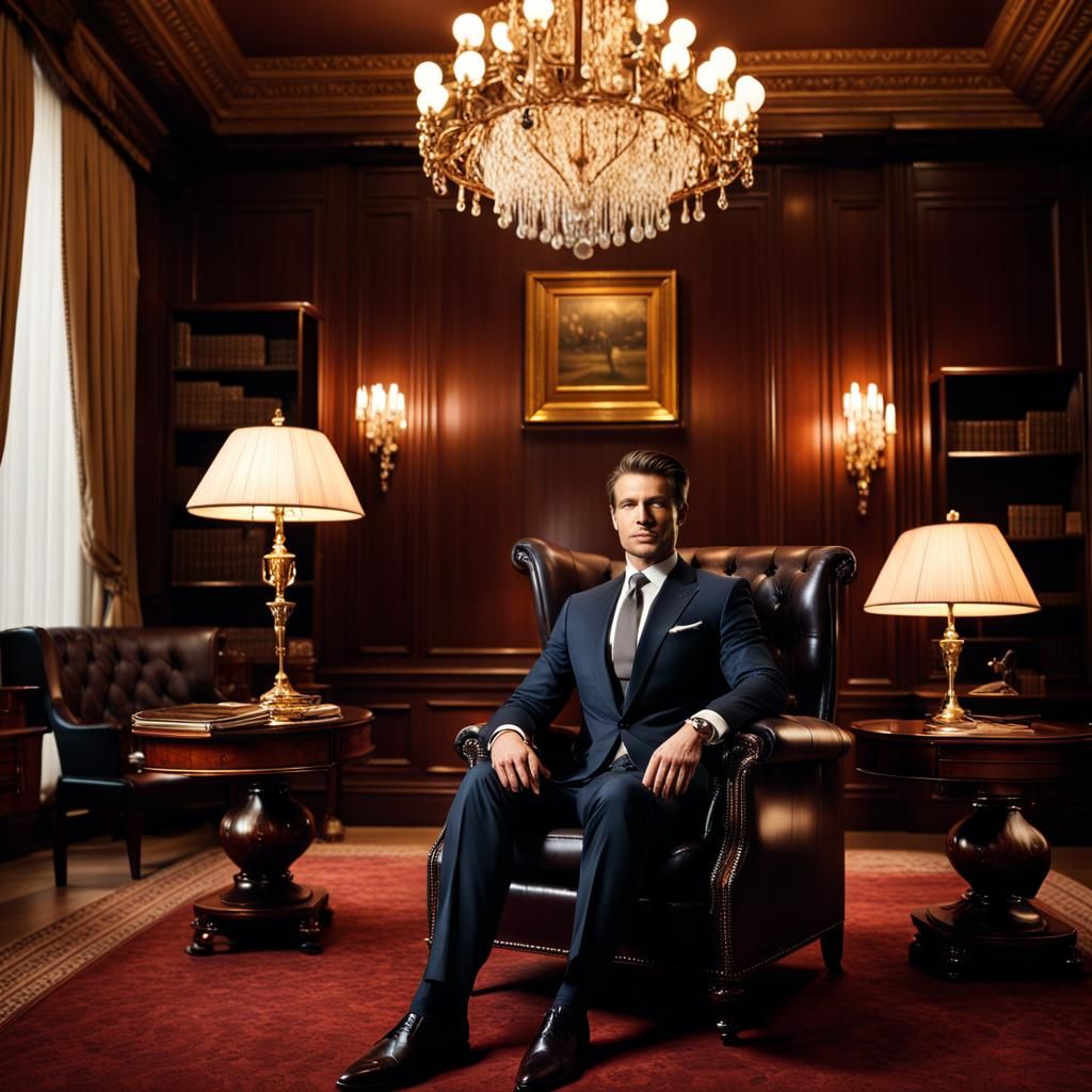 strikingly handsome man exuding an air of sophisticated charm as he sits in an impeccably tailored business suit. The ma...