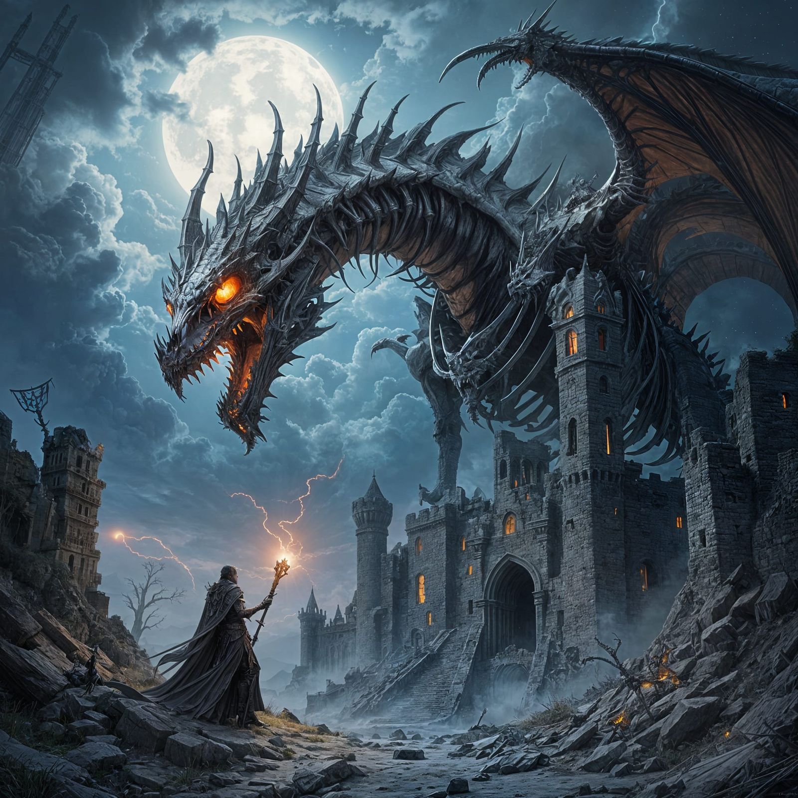Colossal Bone Dragon and Skeleton Rider Over Ruined Castle